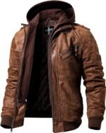 Men Brown Leather Bomber Jacket with Removable Hood