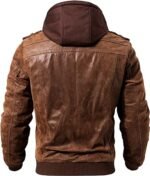 Men Brown Leather Bomber Jacket with Removable Hood - Image 2